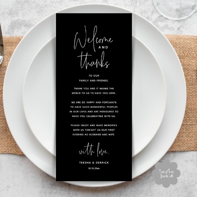 Welcome and Thanks, Wedding Dinner Thank You Card Programm (Welcome and Thanks, Wedding Dinner Thank You Card in Black and White)