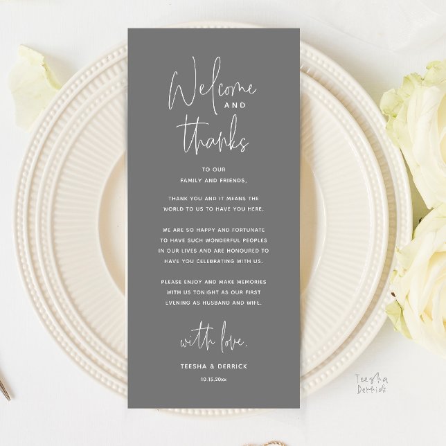 Welcome and Thanks, Wedding Dinner Thank You Card Programm (Welcome and Thanks, Wedding Dinner Thank You Card in Dark Grey)