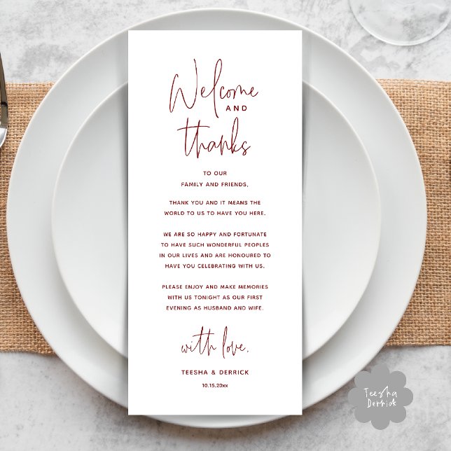 Welcome and Thanks, Wedding Dinner Thank You Card Programm (Welcome and Thanks, Wedding Dinner Thank You Card in Burgundy Wine Deep Red)