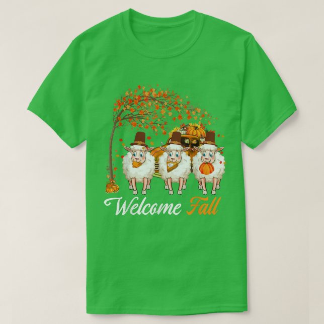 Welcome Autumn Tree Three Sheep Farmer Pumpkins Pi T-Shirt (Design vorne)