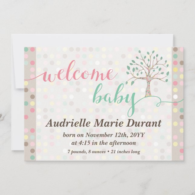Welcome Baby Announcement Pastel Tree Custom Foto Ankündigung (Vorderseite)