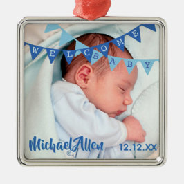 Welcome Baby Boy Blue Banners | Datum, Name, Foto Silbernes Ornament