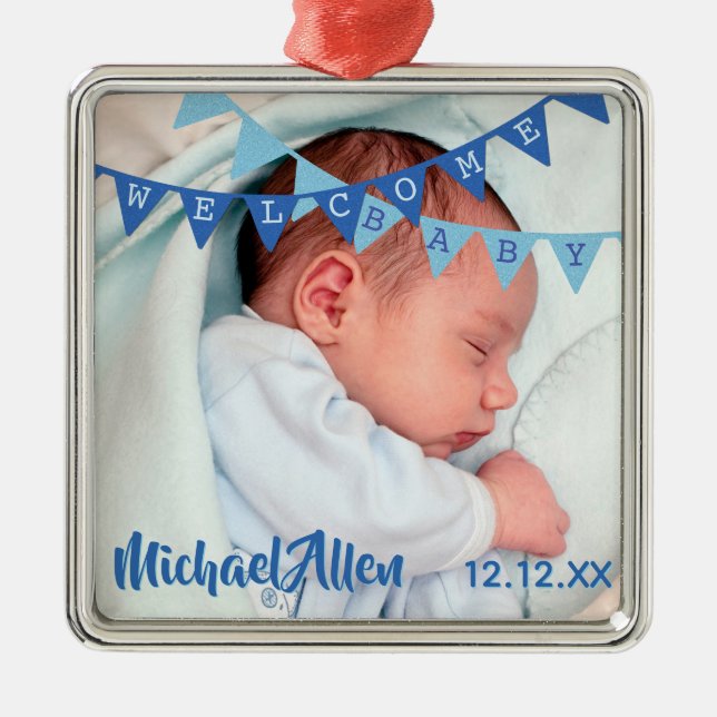 Welcome Baby Boy Blue Banners | Datum, Name, Foto Silbernes Ornament (Vorne)