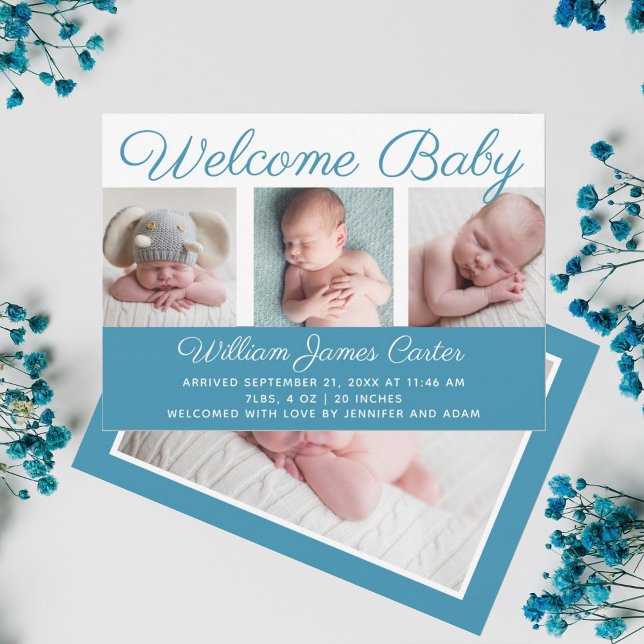 Welcome Baby Boy Blue Foto Kursive Skriptgeburt Ankündigung (Von Creator hochgeladen)