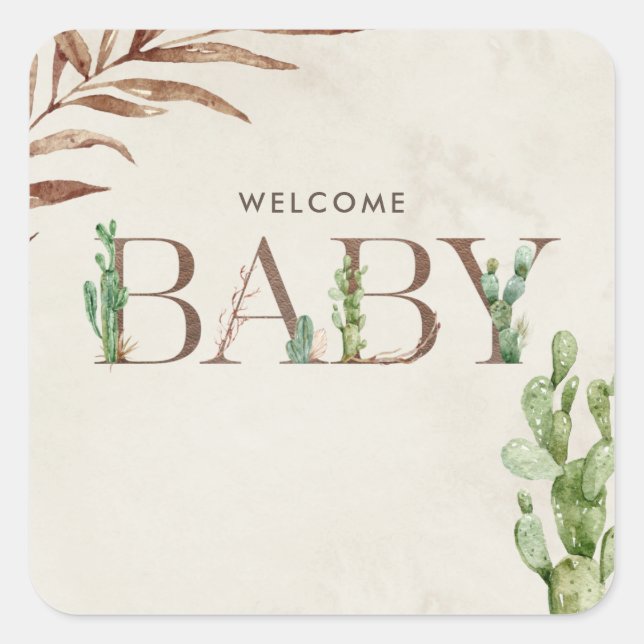 Welcome Baby Cactus Leather Baby Shower Quadratischer Aufkleber (Vorderseite)