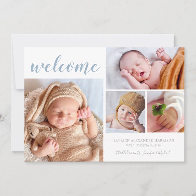 Welcome Baby Foto Collage Blue Birth Ankündigung (Vorderseite)