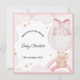 Welcome Baby Girl Balloon Teddy Bear Card