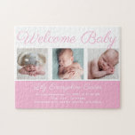 Welcome Baby Girl Blue Niedlich Neugeborenes Foto  Puzzle<br><div class="desc">Willkommen,  Baby. Ein klassisches Foto-Kind-Geburtsankündigung Puzzle Geschenk in hübsch rosa mit wunderschöner kursiver Typografie über Ihrem süßen Neugeborenen Fotocollage.</div>
