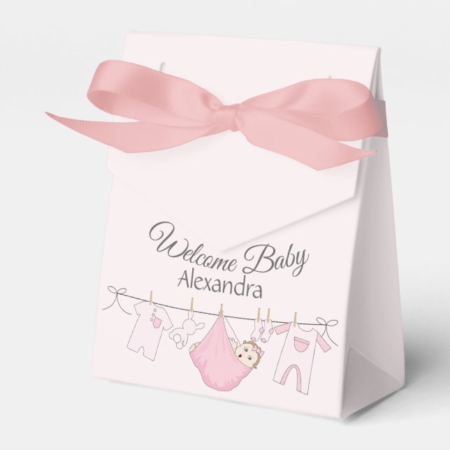 Welcome Baby Girl Dusche in Grau und Rosa Geschenkschachtel (Vorderseite)