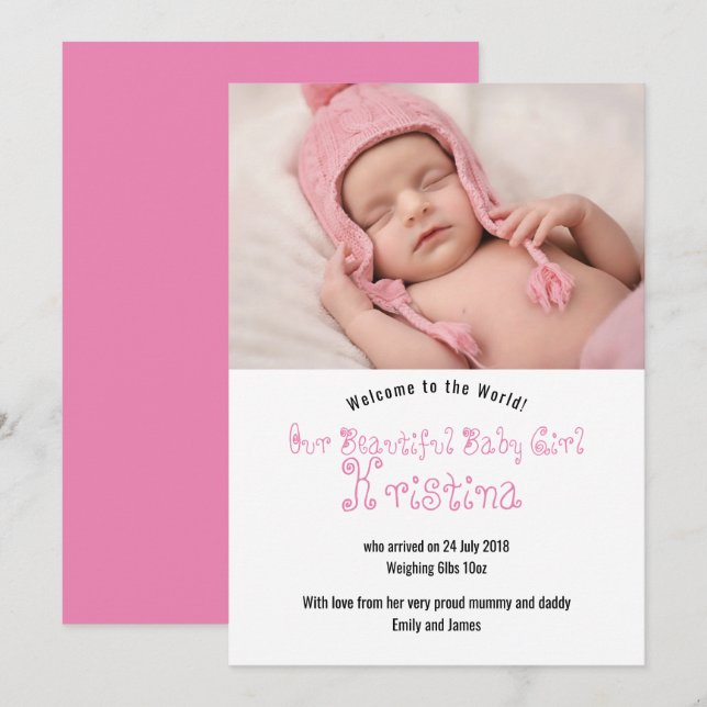 Welcome Baby Girl Foto Announccard Einladung (Vorne/Hinten)