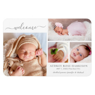Welcome Baby Girl Foto Collage Geburtserklärung Magnet