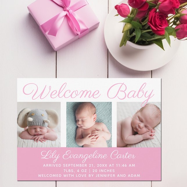 Welcome Baby Girl Foto Hübsch Pink Script Geburt Ankündigung (Von Creator hochgeladen)