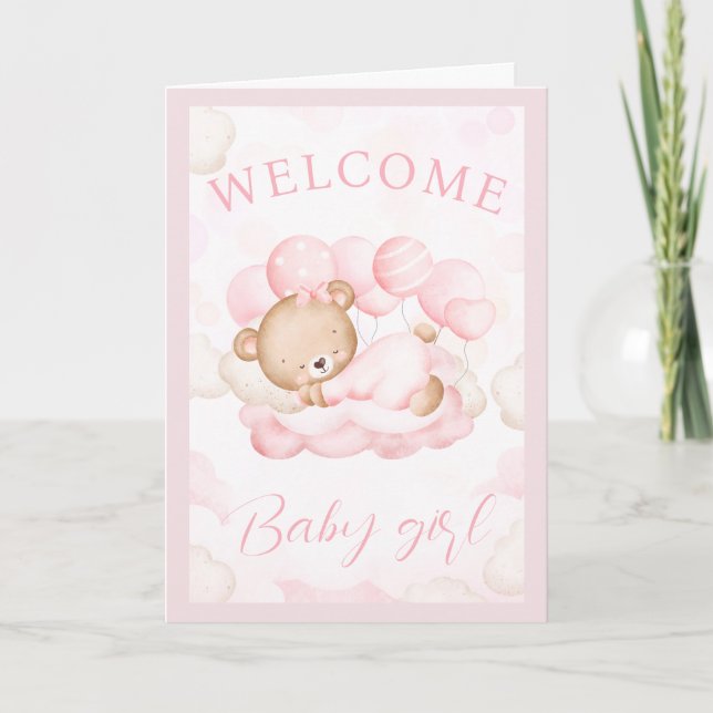Welcome Baby Girl Individuelle Name Pink Bear Card Karte (Vorderseite)