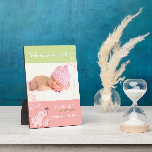 Welcome Baby Girl Niedlich Pink Elephant Baby Foto Fotoplatte (Seite)