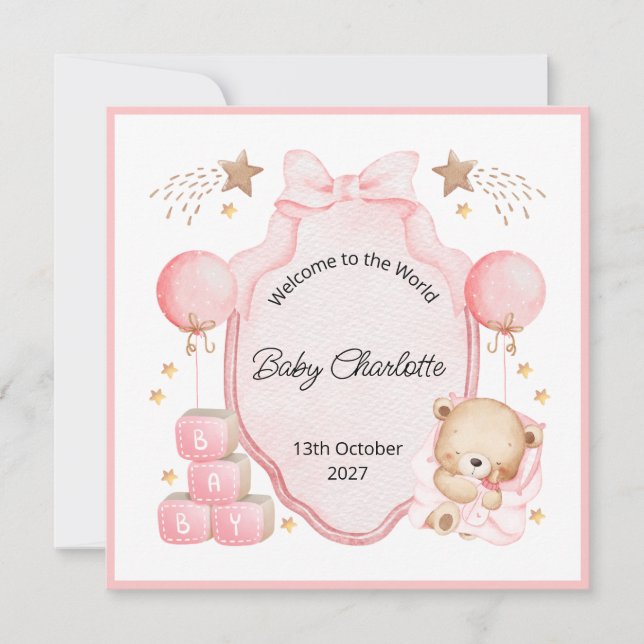 Welcome Baby Girl Pink Frame Teddy Bear Card (Vorderseite)