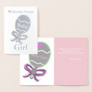 Welcome Baby Girl Silver Foil Grußkarte Folienkarte