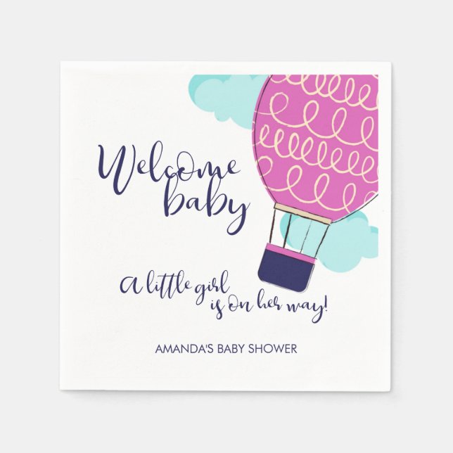 Welcome Baby Hot Air Ballon Girl Babydusche Serviette (Vorderseite)