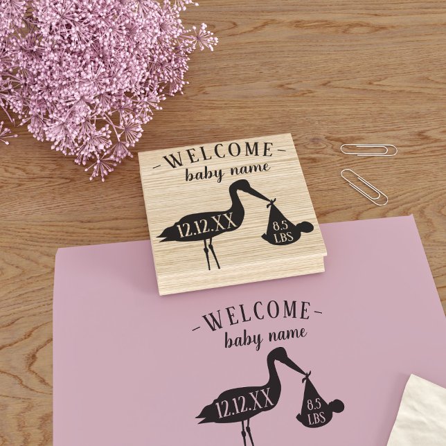 Welcome Baby Modern Stork Birth Stats Rubber Brief Gummistempel (Welcome the baby with this cute stork rubber stamp. Just add your stats!)