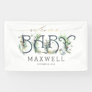 Welcome Baby Shower Gold Blätter Grüne Banner