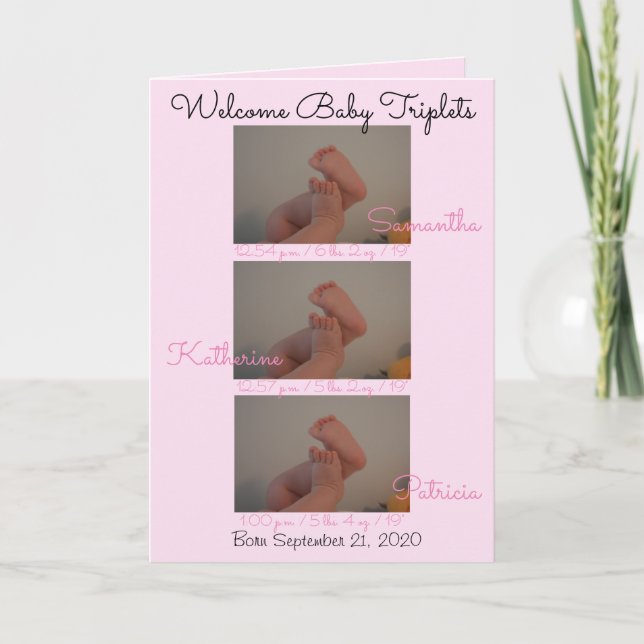 Welcome Baby Triplets Girls Birth Stats Foto Card Ankündigung (Vorderseite)