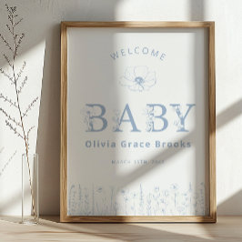 Welcome Baby Wildflower Baby Shower Dusty Blue Poster