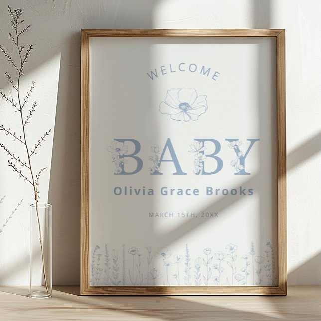 Welcome Baby Wildflower Baby Shower Dusty Blue  Poster (Baby Welcome Sign)