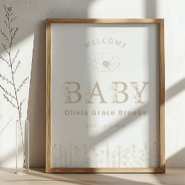 Welcome Baby Wildflower Baby Shower Neutral Taupe Poster
