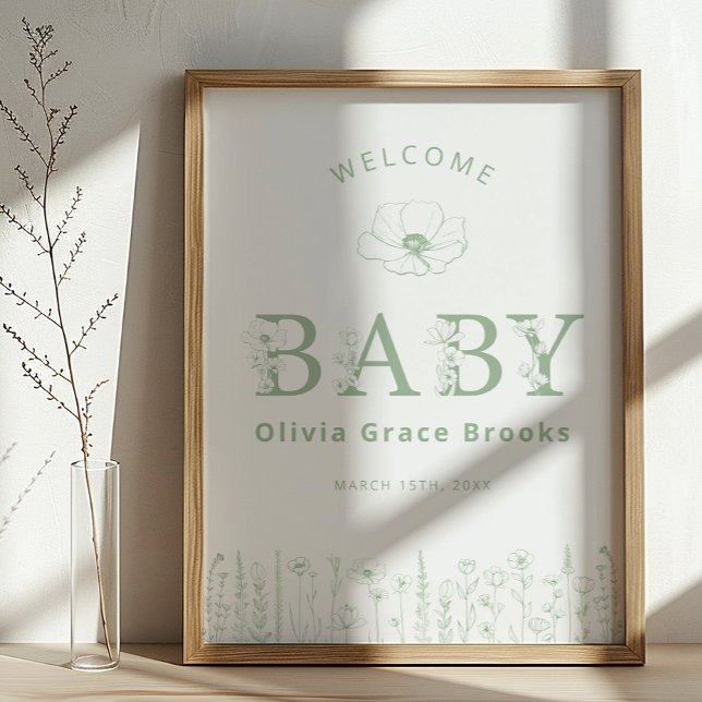 Welcome Baby Wildflower Baby Shower Sage Green Poster (Sage Green Baby Welcome Sign)