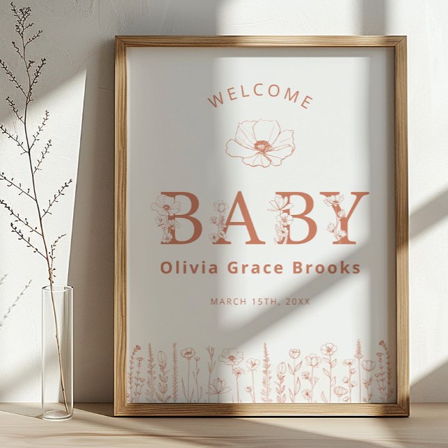 Welcome Baby Wildflower Baby Shower Terracotta Poster (Baby Welcome Sign)