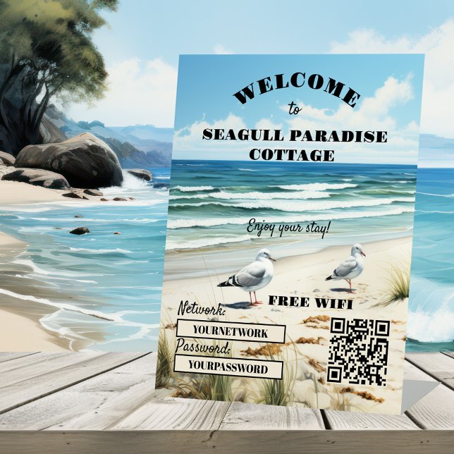 Welcome Beach House WiFi QR Code Business Sockelschild (Beach house rental tabletop sign template featuring a painting of two seagulls on a beach with dunes)