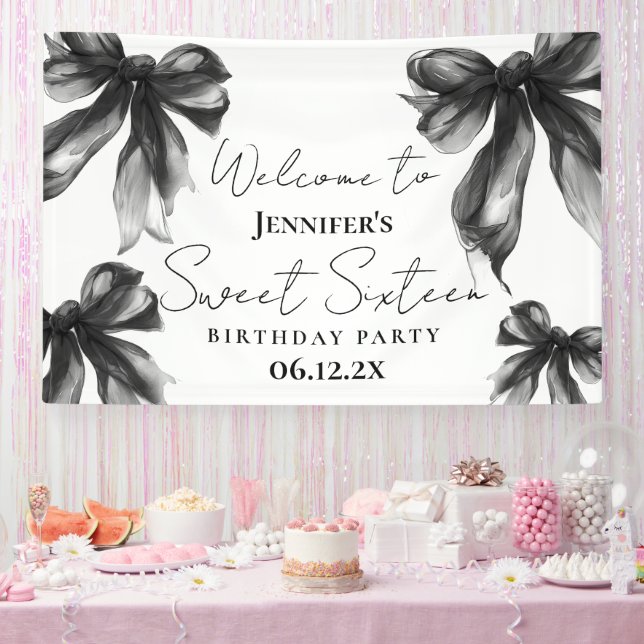 Welcome Black Bow Coquette Script Sweet 16  Banner (Party)