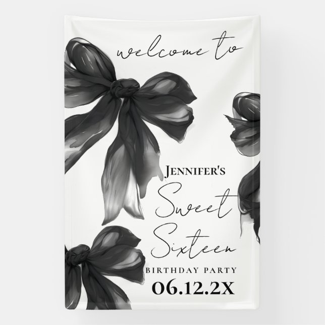 Welcome Black Bow Coquette Script Sweet 16 Party Banner (Vertikal)