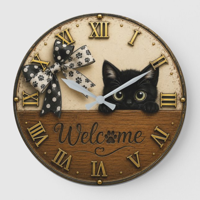 Welcome Black Kitten Cute Peeking Cat Große Wanduhr (Vorderseite)