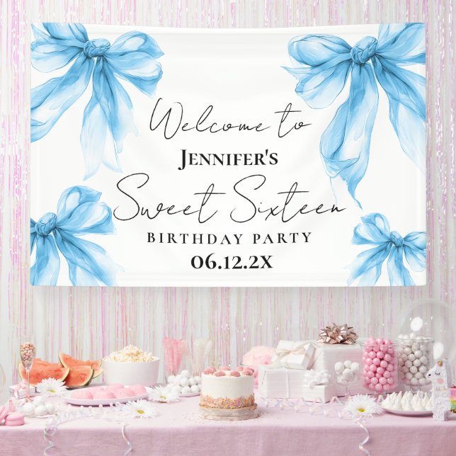 Welcome Blue Bow Coquette Script Sweet 16  Banner (Party)