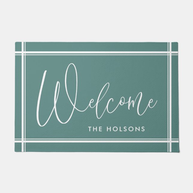 Welcome Calligraphy Script Nachname Türkis Fußmatte (Vorderseite)
