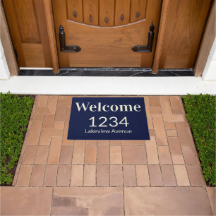 Welcome Dark Blue and Beige House Number Address Fußmatte