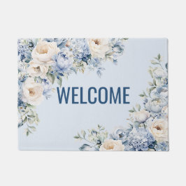 Welcome Dusty Blue Watercolor Elfenbeinfarbene Blu Fußmatte