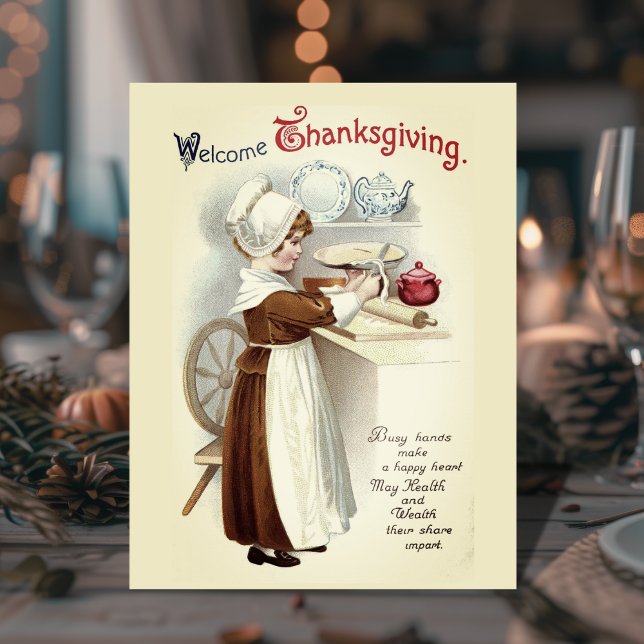 Welcome Erntedank Vintag Pilgrim Girl Postkarte (Welcome Thanksgiving Vintage Pilgrim Girl Postcard)
