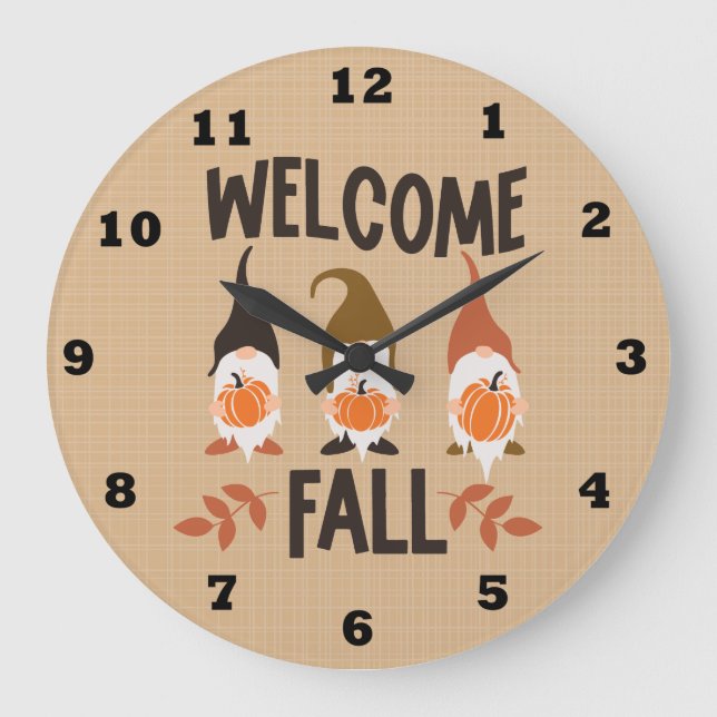 Welcome Fall Gnome Clock Große Wanduhr (Vorderseite)