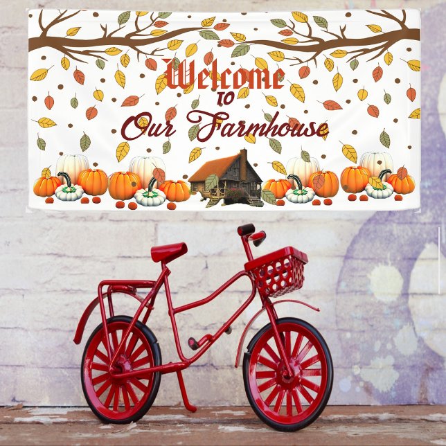 Welcome Farmhouse Tree Branch Orange White Pumpkin Banner (Welcome to our farmhouse)