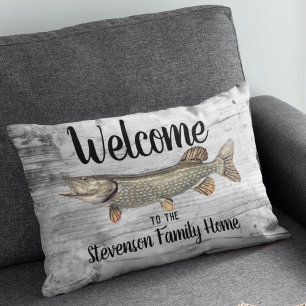 Welcome Fishing Pike Familienname Zuhause Hütte Dekokissen