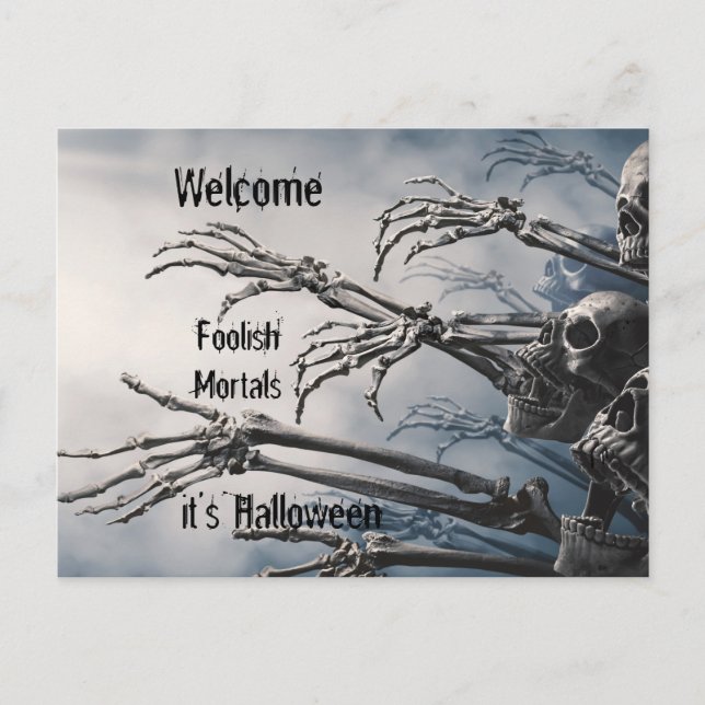 Welcome Foolish Mortals Zombie Skeleton Beängstige Postkarte (Vorderseite)