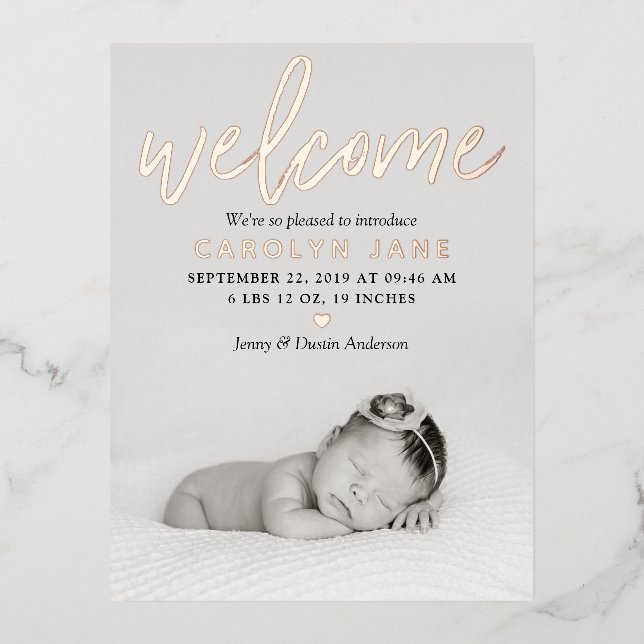 "Welcome" Foto Real Foil Birth Ankündigung (Vorderseite)