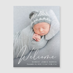 Welcome Foto White Script Geburtserklärung Magneteinladung