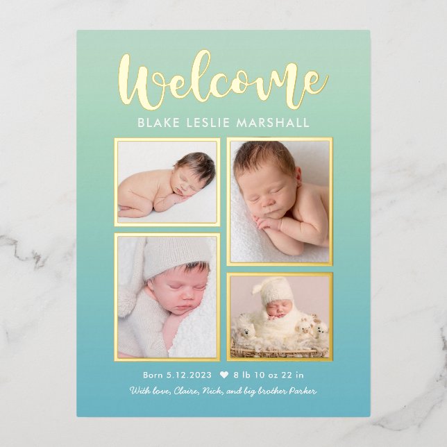 Welcome Gallery Foil Birth Ankündigung Postkarte (Vorderseite)