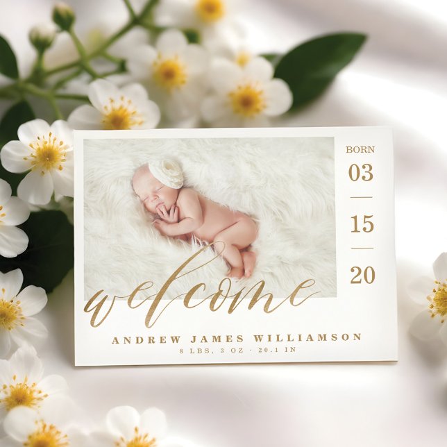 Welcome Gold Script Baby Birth Stats & Foto Magneteinladung (Welcome Gold Script Baby Birth Stats & Photo Magnetic Invitation)