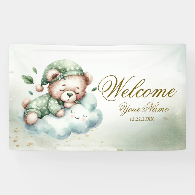 Welcome Green Boho Sleeping Teddy Bär Niedliches P Banner (Horizontal)