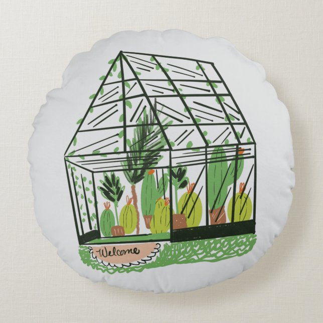 Welcome Green House Botanical Cactus Plants Art Rundes Kissen (Vorderseite)