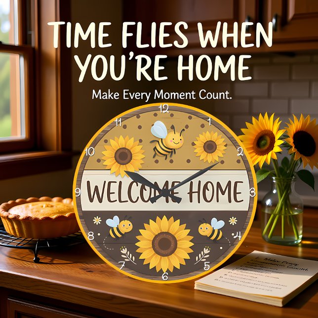 Welcome Home Sunflower Bee Große Wanduhr (Von Creator hochgeladen)