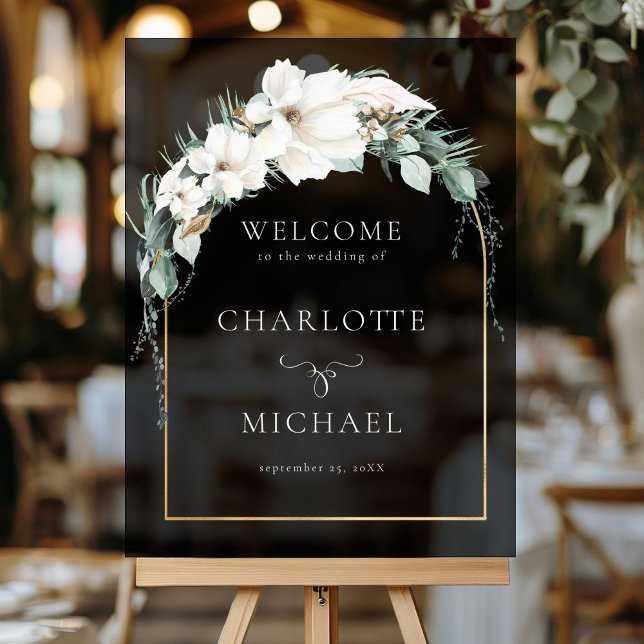 "WELCOME" LEAFY WEDD ACRYLSCHILD ("WELCOME" LEAFY WEDDING BLACK ACRYLIC SIGN with your names and date.)